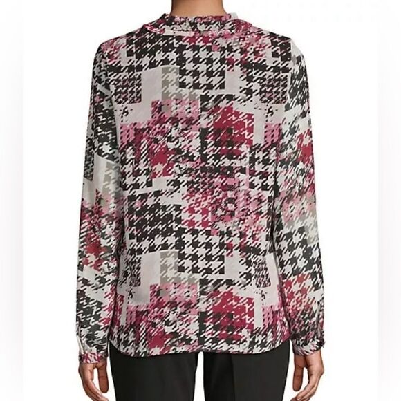 Karl Lagerfeld Paris Houndstooth-Print Chiffon Top Blouse Sz M Office Career - Picture 2 of 9
